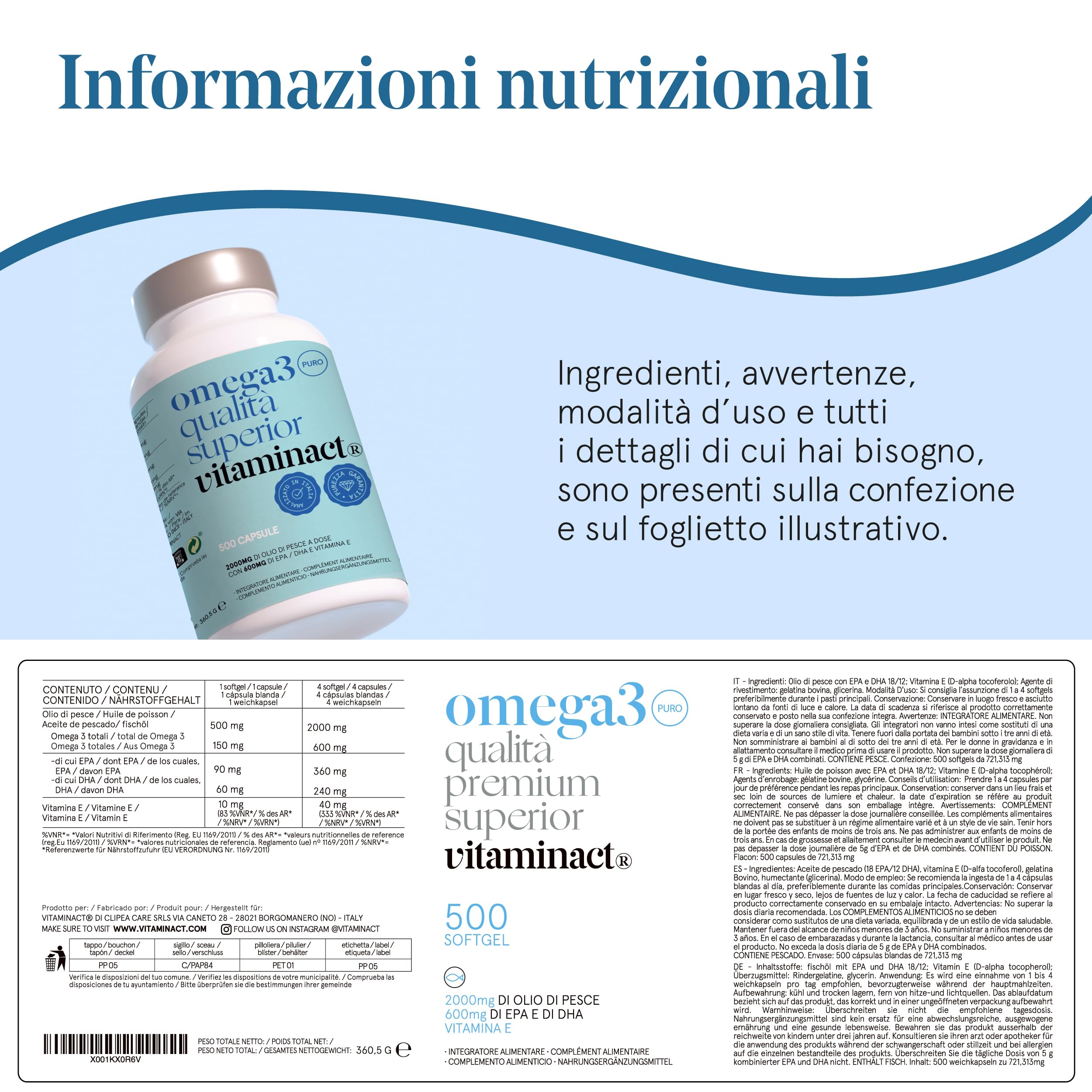 Omega 3-500 Capsule - 2000mg Di Olio Di Pesce Purissimo per Dose In Forma Trigliceride (TG) Per Un Assorbimento Del 70% In Più - 600mg di EPA e DHA per Dose – Con Vitamina E
