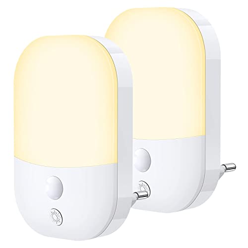 Luce Notturna Bambini, [2 Pezzi] Luce Notturna LED 5 Livelli Luminosità con Sensore Crepuscolare, Luci Notturne da Presa per Camera dei Bambini, Bagno, Corridoio, Cucina, Scale, Bianca Calda