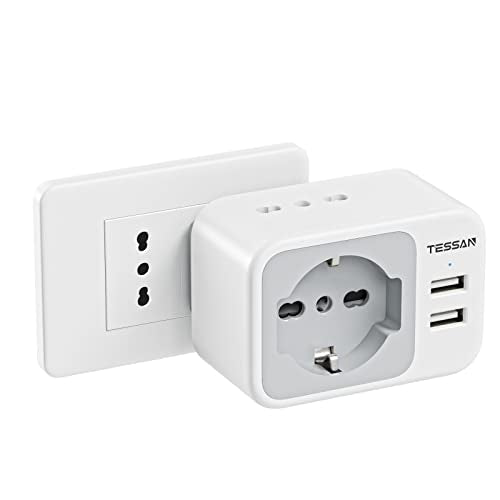 TESSAN Presa Multipla con Spina 10A, Presa Multipla Salvaspazio con 1 Presa Schuko e 2 Prese IT, Prese Multiple Elettriche con 2 USB, Presa Tripla Salvaspazio per Ufficio, Tripla Presa 2300W - 8earn