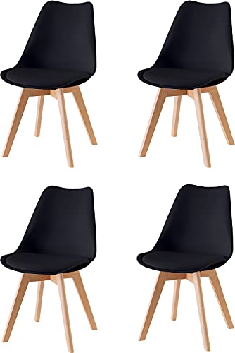 Baroni Home Sedia da Pranzo o Ufficio con Gambe in Legno, Sedia Ergonomica con Cuscino Integrato 50X48X82 cm (4, Nero) - 8earn