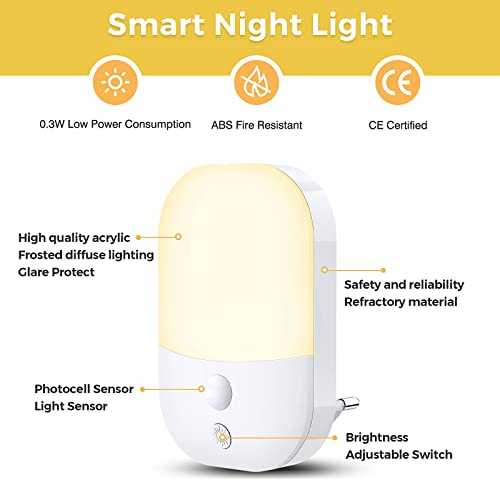 Luce Notturna Bambini, [2 Pezzi] Luce Notturna LED 5 Livelli Luminosità con Sensore Crepuscolare, Luci Notturne da Presa per Camera dei Bambini, Bagno, Corridoio, Cucina, Scale, Bianca Calda