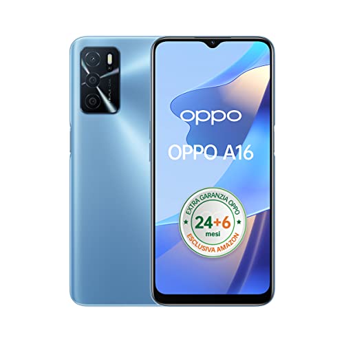 OPPO A16, Tripla Fotocamera I.A. 13+2+2MP, Display 6.52” 60HZ, Batteria 5000mAh, Ricarica rapida 10W, RAM 3GB + ROM 32GB Espandibile, cavo dati OPPO Tipo-C, Versione Italiana, Pearl Blue - 8earn