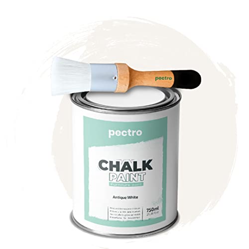 PECTRO Chalk Paint Vernice a Gesso 750ml + Pennello Tondo in Legno Pack - Pittura per Mobili Senza Carteggiare - Chalk Paint Bianco e Colori per legno Efetto Polvere (BIANCO ANTICO) - 8earn
