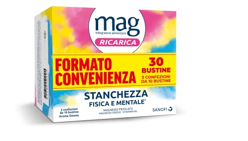Mag Ricarica, Integratore Alimentare A base di Magnesio Pidolato, Magnesio Ossido e Vitamina B6 Contro Stanchezza Mentale e Fisica, Senza Glutine e Lattosio, 3 Confezioni da 10 Bustine Aroma Limone - 8earn