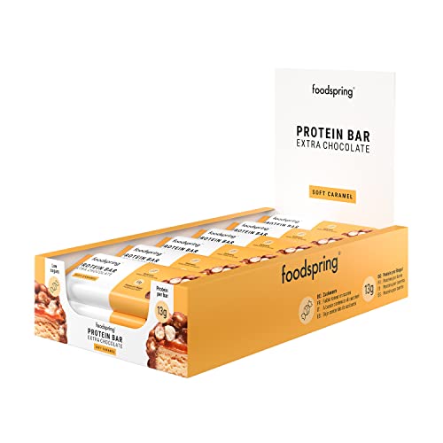 foodspring Choco Extra Protein Bars - 13g of protein per bar, 0 added sugars, delicious post-workout or travel snack - Soft Caramel - 45g