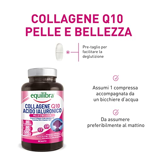 Equilibra Integratori Alimentari, Collagene Q10 Acido Ialuronico, Benessere e Bellezza della Pelle, a Base di Collagene Idrolizzato, Acido Ialuronico, Coenzima Q10, Vitamine C ed E, 90 Compresse - 8earn