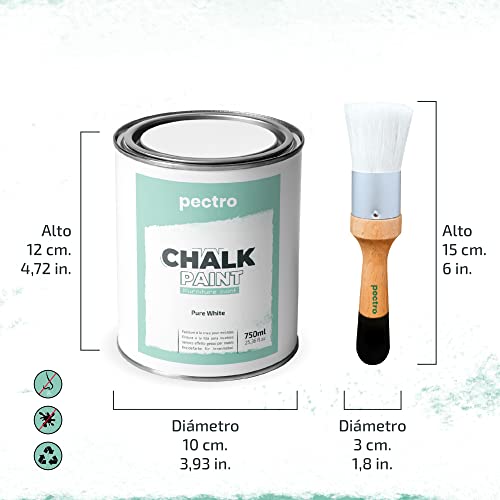 PECTRO Chalk Paint Vernice a Gesso 750ml + Pennello Tondo in Legno Pack - Pittura per Mobili Senza Carteggiare - Chalk Paint Bianco e Colori per legno Efetto Polvere (BIANCO ANTICO) - 8earn