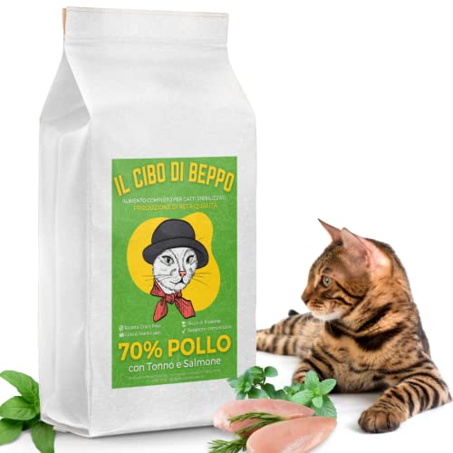 Il Cibo Di Beppo - Cibo Secco Per Gatti Sterilizzati - Crocchette Senza Cereali Ipoallergeniche: Grain Free E Senza Glutine - Alimento Completo - 1.5 Kg (Pollo con Tonno e Salmone) - 8earn