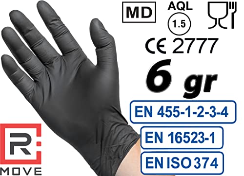 100 guanti in Nitrile NERI 6 grammi EXTRA RESISTENTI, 60% di SPESSORE in più al dito rispetto al 3,5 gr, NO polvere, NO lattice, per Meccanici, Tatuatori, Estetisti, Ristorazione, Guanti monouso (L) - 8earn