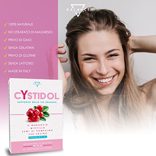 CYSTIDOL® - 60 COMPRESSE | D-Mannosio | Integratore Cistite, con Mirtillo Rosso, Probiotici, Semi di Pompelmo | Cranberry per Candida e Infezioni delle Vie Urinarie | 100% Naturale - 8earn