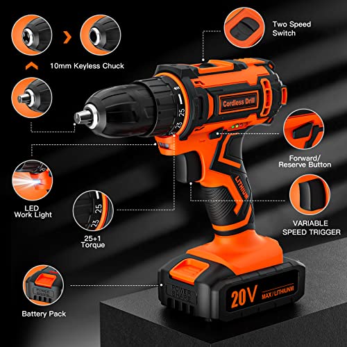 Trapano Avvitatore Batteria 20V, Avvitatore a Batteria, 2 Batterie 2.0Ah, Max 42Nm, 25+1 Impostazione Coppia, LED Luce, 2 Velocità, 24 Accessori, 10mm Mandrino Autoserrante, per Riparazione, Fai da te - 8earn