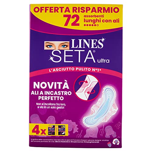 Lines Seta Ultra Assorbenti Ultra Lungo con Ali, Pacco Scorta, Confezione da x72 pezzi - 8earn