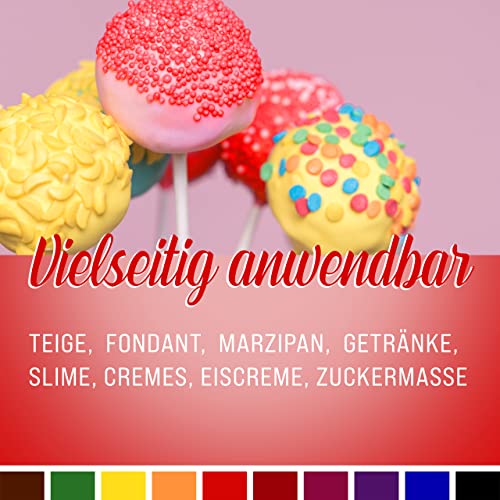 Coloranti alimentari 10x10ml Colorante ad alta concentrazione, Prodotto in Germania senza zucchero, liquido, per colorare bevande, torte, pasticceria, guarnizioni, slime e molto altro …