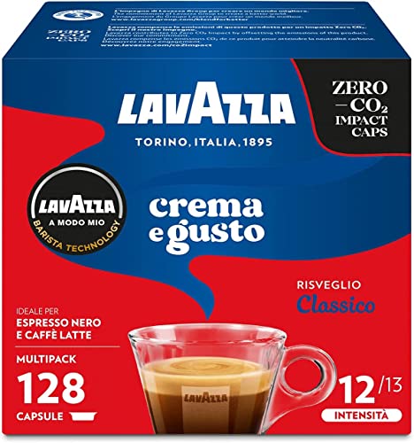 Lavazza, A Modo Mio Crema e Gusto Classico, 128 Capsule Caffè, per un Espresso con Note di Cioccolato e Frutta Secca, Arabica e Robusta, Intensità 12/13, Tostatura Media, 8 Confezioni da 16 Capsule - 8earn