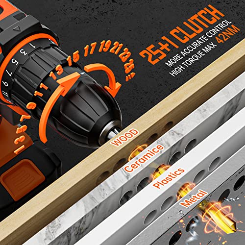 Trapano Avvitatore Batteria 20V, Avvitatore a Batteria, 2 Batterie 2.0Ah, Max 42Nm, 25+1 Impostazione Coppia, LED Luce, 2 Velocità, 24 Accessori, 10mm Mandrino Autoserrante, per Riparazione, Fai da te - 8earn