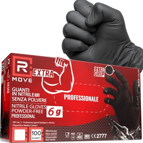 100 guanti in Nitrile NERI 6 grammi EXTRA RESISTENTI, 60% di SPESSORE in più al dito rispetto al 3,5 gr, NO polvere, NO lattice, per Meccanici, Tatuatori, Estetisti, Ristorazione, Guanti monouso (L) - 8earn