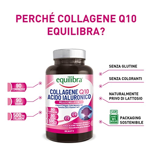 Equilibra Integratori Alimentari, Collagene Q10 Acido Ialuronico, Benessere e Bellezza della Pelle, a Base di Collagene Idrolizzato, Acido Ialuronico, Coenzima Q10, Vitamine C ed E, 90 Compresse - 8earn