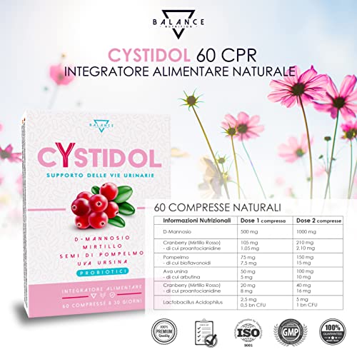 CYSTIDOL® - 60 COMPRESSE | D-Mannosio | Integratore Cistite, con Mirtillo Rosso, Probiotici, Semi di Pompelmo | Cranberry per Candida e Infezioni delle Vie Urinarie | 100% Naturale - 8earn