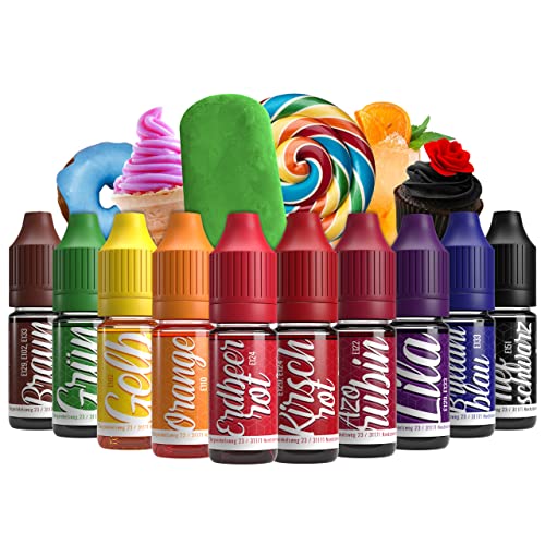 Coloranti alimentari 10x10ml Colorante ad alta concentrazione, Prodotto in Germania senza zucchero, liquido, per colorare bevande, torte, pasticceria, guarnizioni, slime e molto altro …