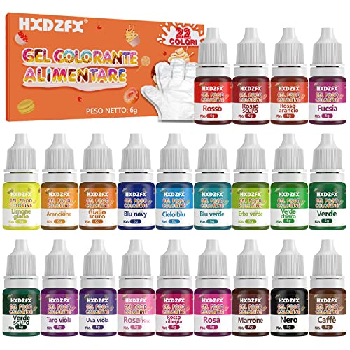 Colorante Alimentare Gel 22 Colori - Colorante Alimentare Liquido Concentrati per Cuocere, Decorare, Glassare e Cucinare - Coloranti Alimentari Vibranti per Fondente, Slime e Torta - Flaconi di 6g