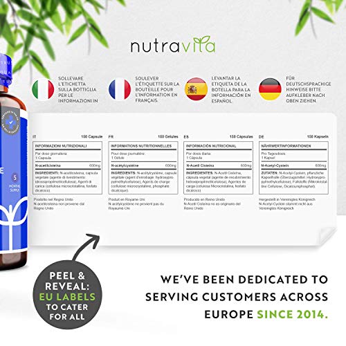 NAC N-Acetil-Cisteina 600mg - 150 Capsule Vegan - Fornitura di 5 mesi di NAC Supplemento - Elevata Biodisponibilità - Senza Additivi Sintetici & Raccoglitori - Prodotte da Nutravita - 8earn