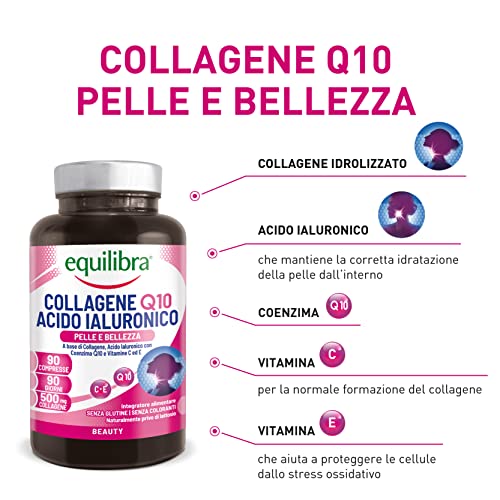 Equilibra Integratori Alimentari, Collagene Q10 Acido Ialuronico, Benessere e Bellezza della Pelle, a Base di Collagene Idrolizzato, Acido Ialuronico, Coenzima Q10, Vitamine C ed E, 90 Compresse - 8earn