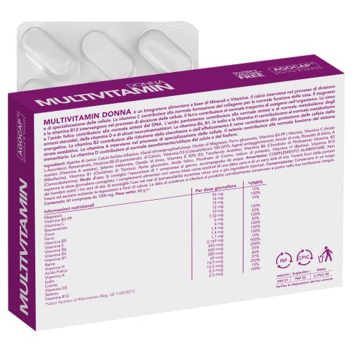 Multivitaminico completo Donna. Integratore Multivitaminico e Minerali contro stanchezza e affaticamento. Magnesio, Zinco, Ferro e Vitamine B,C,D,E,H Acido folico. 60 compresse Multivitaminico Agocap - 8earn
