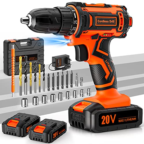 Trapano Avvitatore Batteria 20V, Avvitatore a Batteria, 2 Batterie 2.0Ah, Max 42Nm, 25+1 Impostazione Coppia, LED Luce, 2 Velocità, 24 Accessori, 10mm Mandrino Autoserrante, per Riparazione, Fai da te - 8earn