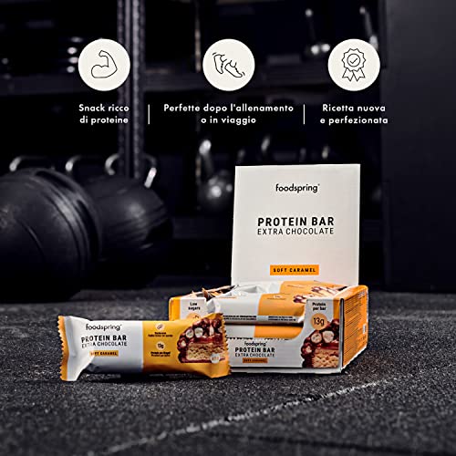 foodspring Choco Extra Protein Bars - 13g of protein per bar, 0 added sugars, delicious post-workout or travel snack - Soft Caramel - 45g