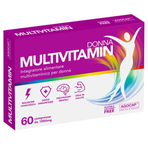Multivitaminico completo Donna. Integratore Multivitaminico e Minerali contro stanchezza e affaticamento. Magnesio, Zinco, Ferro e Vitamine B,C,D,E,H Acido folico. 60 compresse Multivitaminico Agocap - 8earn