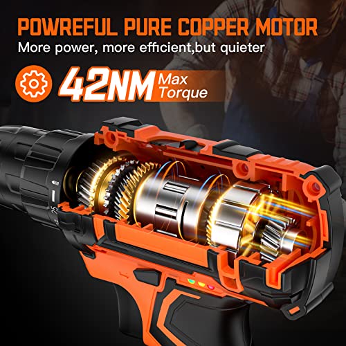 Trapano Avvitatore Batteria 20V, Avvitatore a Batteria, 2 Batterie 2.0Ah, Max 42Nm, 25+1 Impostazione Coppia, LED Luce, 2 Velocità, 24 Accessori, 10mm Mandrino Autoserrante, per Riparazione, Fai da te - 8earn