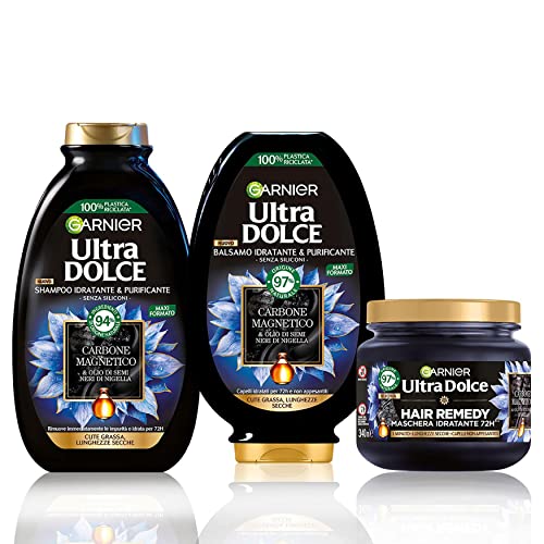 Garnier Ultra Dolce Routine Completa Carbone Magnetico, Kit con Shampoo, Balsamo e Maschera, Per Cute Grassa e Lunghezze Secche, Senza Siliconi, 300 ml + 250 ml + 340 ml - 8earn