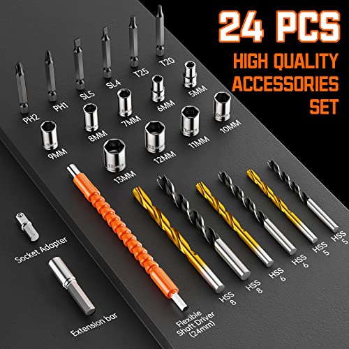 Trapano Avvitatore Batteria 20V, Avvitatore a Batteria, 2 Batterie 2.0Ah, Max 42Nm, 25+1 Impostazione Coppia, LED Luce, 2 Velocità, 24 Accessori, 10mm Mandrino Autoserrante, per Riparazione, Fai da te - 8earn