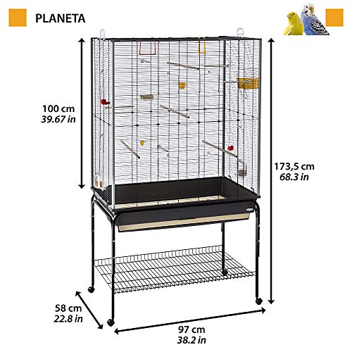 Ferplast Gabbia Spaziosa per Canarini, Cocorite e Uccelli Esotici Planeta, con Accessori, Supporto Portaoggetti con Ruote, Metallo Verniciato Nero, Fondo in Plastica Marrone, 97 X 58 X H 173,5 cm