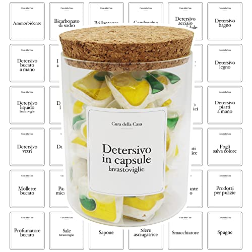 Etichette adesive Cura della Casa in Italiano, eleganti, in materiale Impermeabile, per dispenser detersivo lavatrice, lavastoviglie, organizer cucina, organizzazione bagno, prodotti per pulizie casa - 8earn