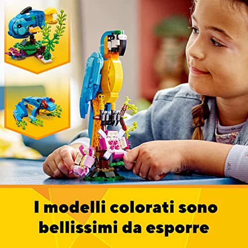 LEGO 31136 Creator Pappagallo Esotico, Set 3 in 1 con Pesce e Rana, Animali Giocattolo per Bambini da 7 Anni in su, Giochi Creativi con Figure della Giungla - 8earn