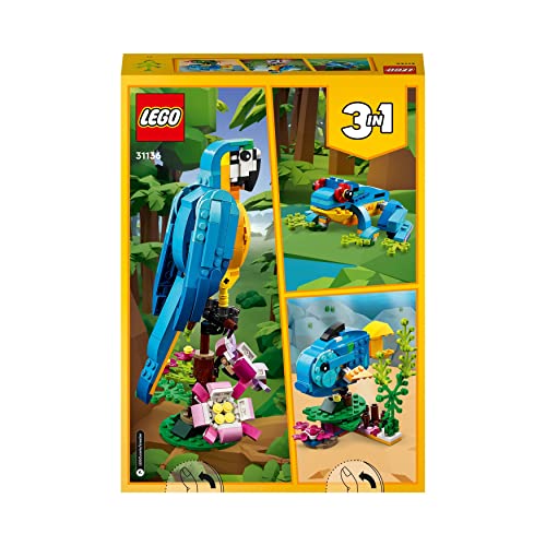 LEGO 31136 Creator Pappagallo Esotico, Set 3 in 1 con Pesce e Rana, Animali Giocattolo per Bambini da 7 Anni in su, Giochi Creativi con Figure della Giungla - 8earn