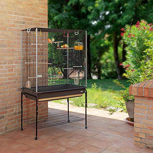 Ferplast Gabbia Spaziosa per Canarini, Cocorite e Uccelli Esotici Planeta, con Accessori, Supporto Portaoggetti con Ruote, Metallo Verniciato Nero, Fondo in Plastica Marrone, 97 X 58 X H 173,5 cm