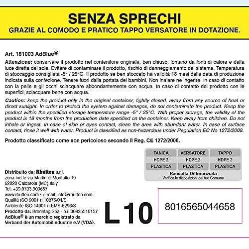 Rhütten, AdBlue per Motori Diesel, Additivo di Sintesi a Base di Urea, Preserva l'Andamento dei componenti del SCR, Blocca l’Accumulo delle Impurità nel Catalizzatore, Dotato di Tappo Versatore, 10L - 8earn