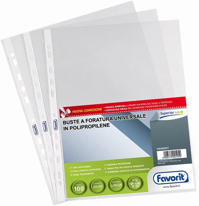 Buste Perforate, Lucide, Alto Spessore, 22 X 30 Cm, 100 Pezzi, Trasparenti